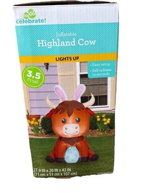 Inflatable Highland Cow Easter Yard Decor - Brown with Pink Ears 3.5”